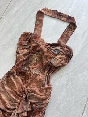 Superdown Ruched Halter Animal Print Midi Dress in Brown Tones